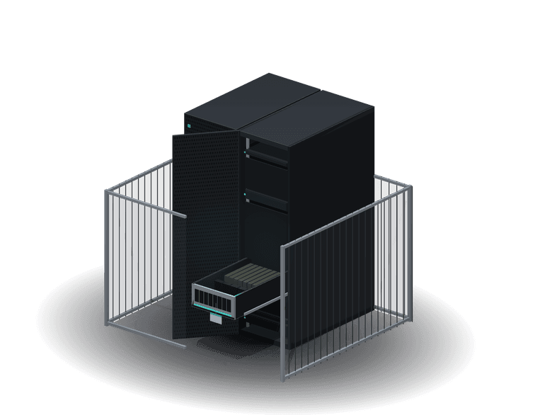 Two racks inside a cage, one with a node pulled out