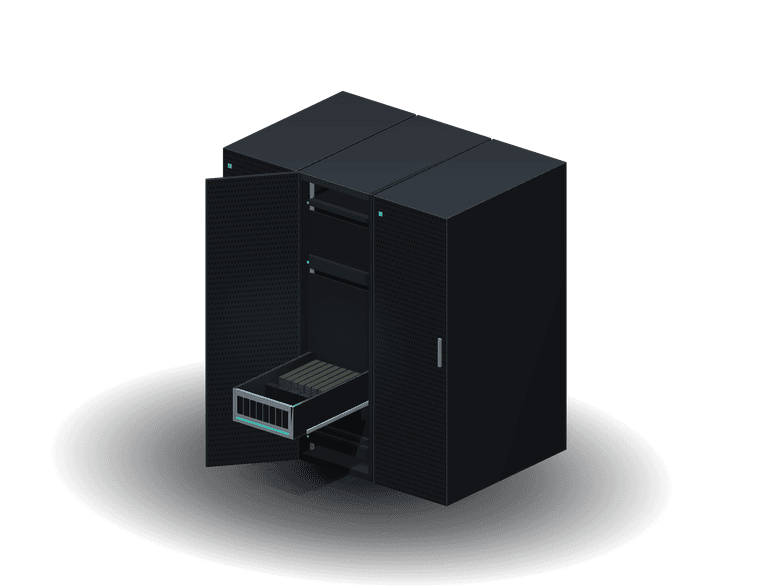 Three racks, the middle one open with a node pulled out