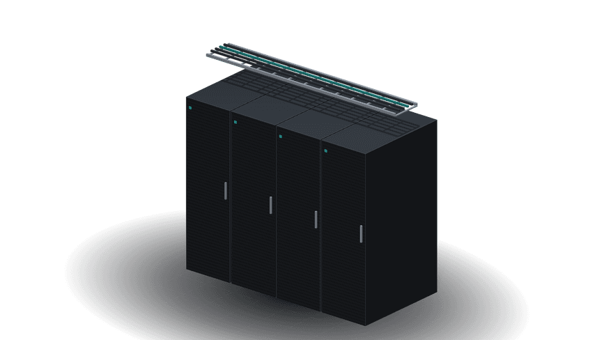 Four racks under an overhead cable tray